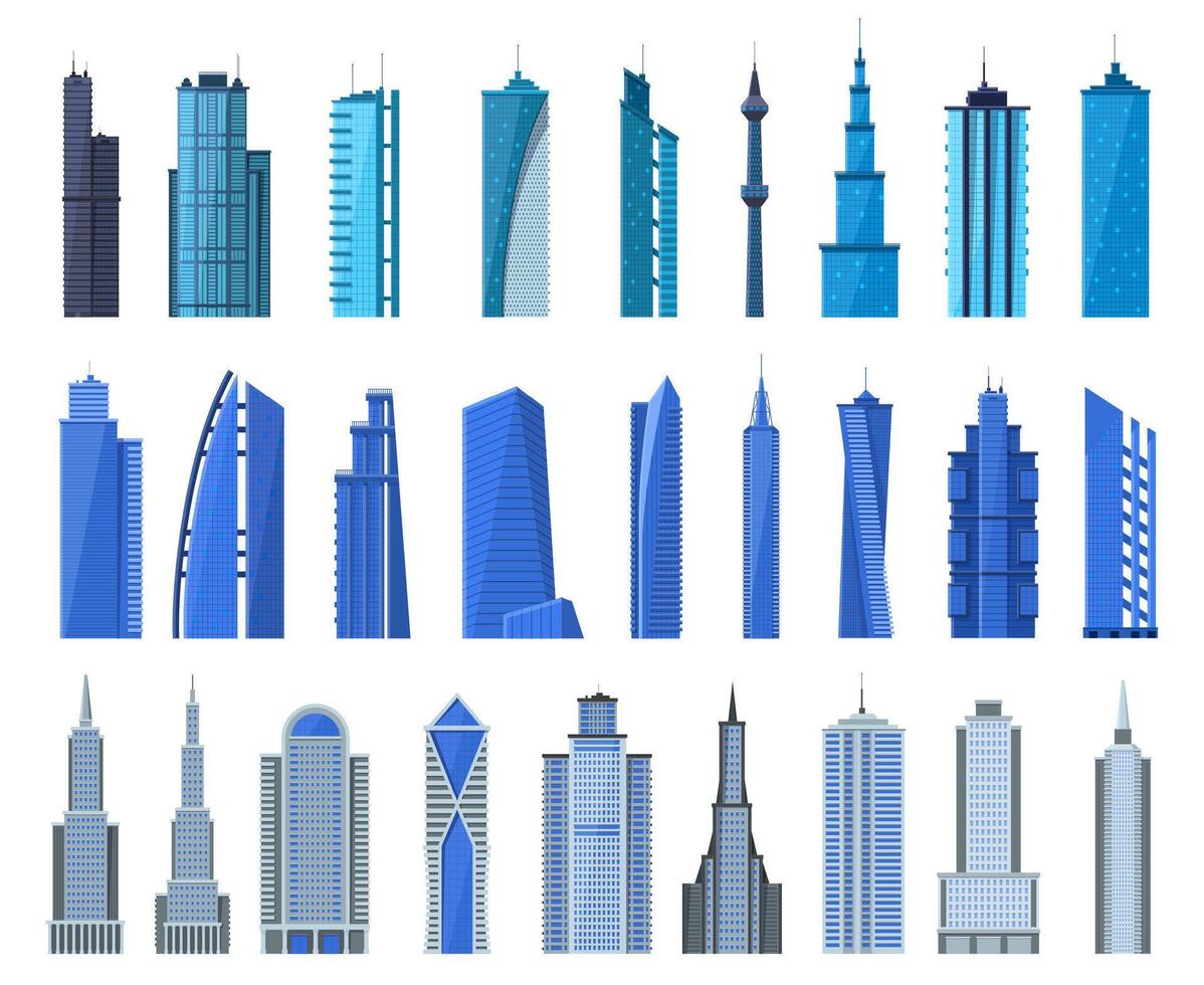 stad gebouwen. modern kantoor gebouw buitenkant, bedrijf stad wolkenkrabbers, architectuur stadsgezicht hoog huizen vector illustratie pictogrammen reeks