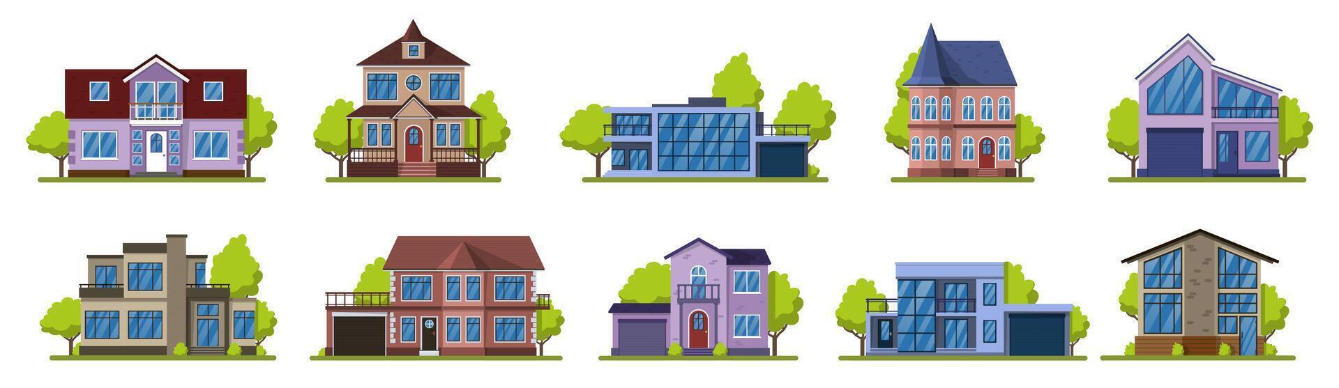 huisje huizen. buitenwijk echt landgoed, modern land straat gebouwen. leven huizen vector illustratie pictogrammen reeks