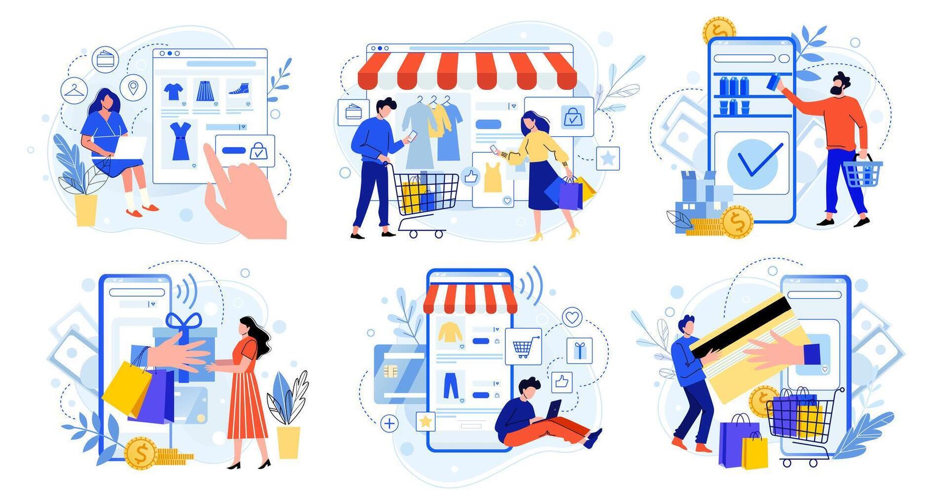 online winkelen. internet markt, mobiel app boodschappen doen en mensen kopen geschenken. smartphone betaling en kleding uitverkoop vlak vector illustratie set. e handel concept. kopers tekenfilm tekens