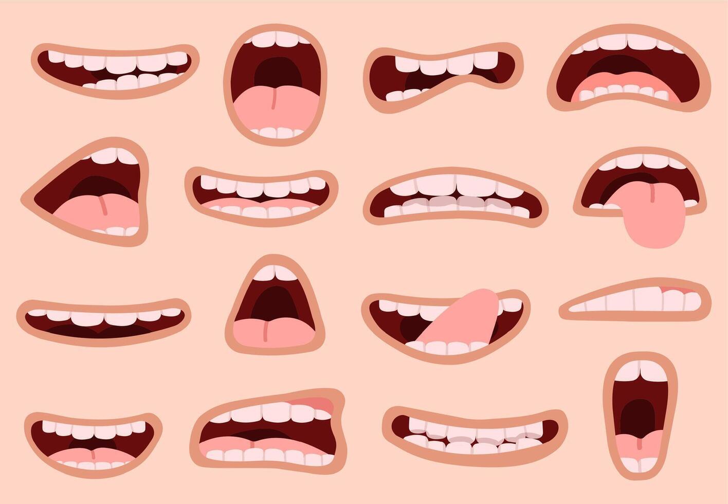 tekenfilm mond. hand- getrokken grappig grappig mond met tongen, lachend emoties karikatuur lippen, gelaats uitdrukkingen vector illustratie pictogrammen reeks