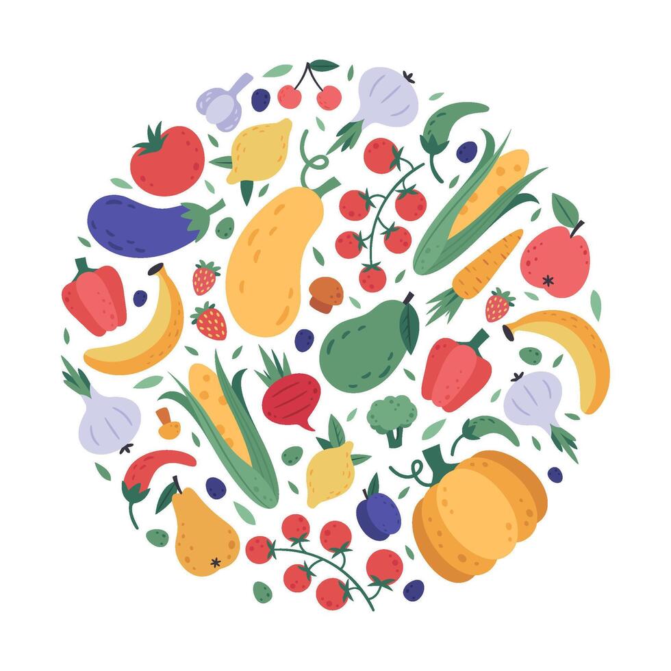 groenten en fruit patroon. keuken groenten en fruit hand- getrokken tekening afgeronde poster, vers biologisch vegetarisch inpakken, gezond levensstijl vector kleurrijk achtergrond