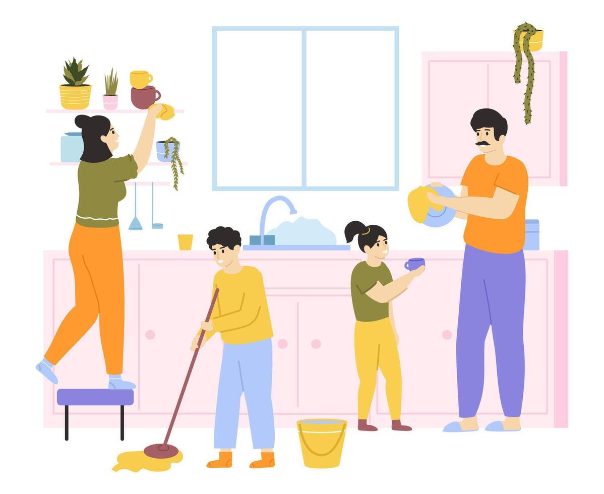 familie schoonmaak huis. familie met kinderen Doen huiswerk samen, familie het wassen en schoonmaak. huishouding huiselijk klusjes vector illustratie