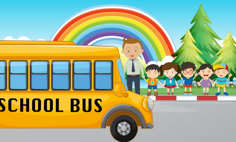 Kinderen en schoolbus op de weg vector