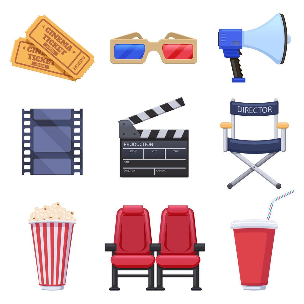 film theater elementen. film productie en bioscoop industrie, kaartjes, 3d bril, popcorn en film duig. bioscoop voorwerpen vector illustraties
