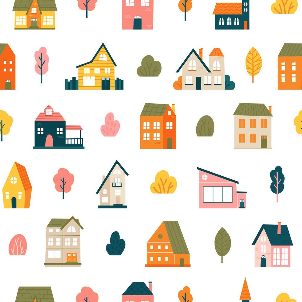 huis patroon. schattig klein stad- huizen naadloos achtergrond, minimalistische dorp, woon- stad huizen landschap vector achtergrond illustratie