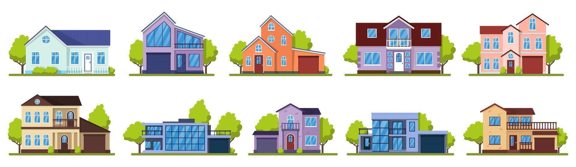 buitenwijk huizen. leven echt landgoed huis, modern land villa's. huis gevels, straat architectuur vector illustratie pictogrammen reeks