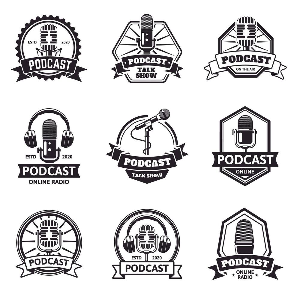 podcast emblemen. radio station, audio podcast en muziek- studio etiketten, retro microfoon podcast lucht. radio podcast vector illustratie reeks