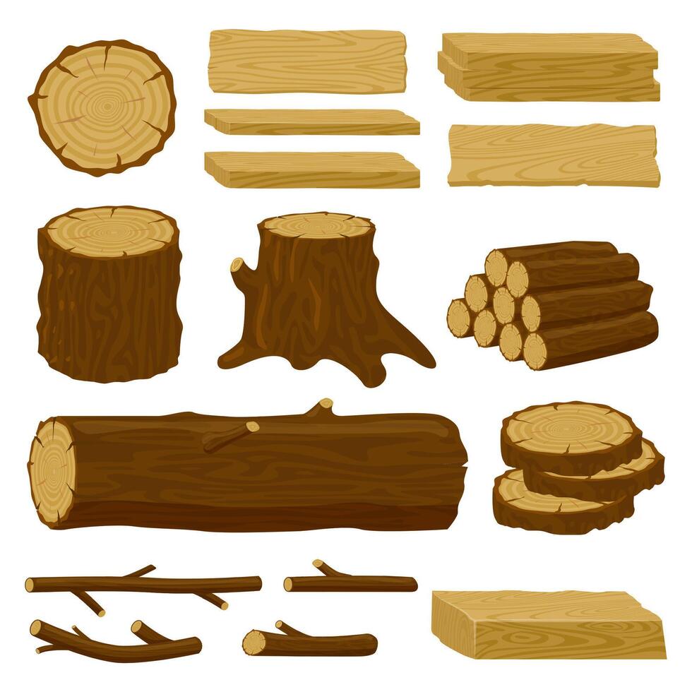 hout stammen. boom timmerhout, hout logboeken, loggen twijgen en houten planken, gestapeld brandhout materiaal geïsoleerd vector illustratie pictogrammen reeks