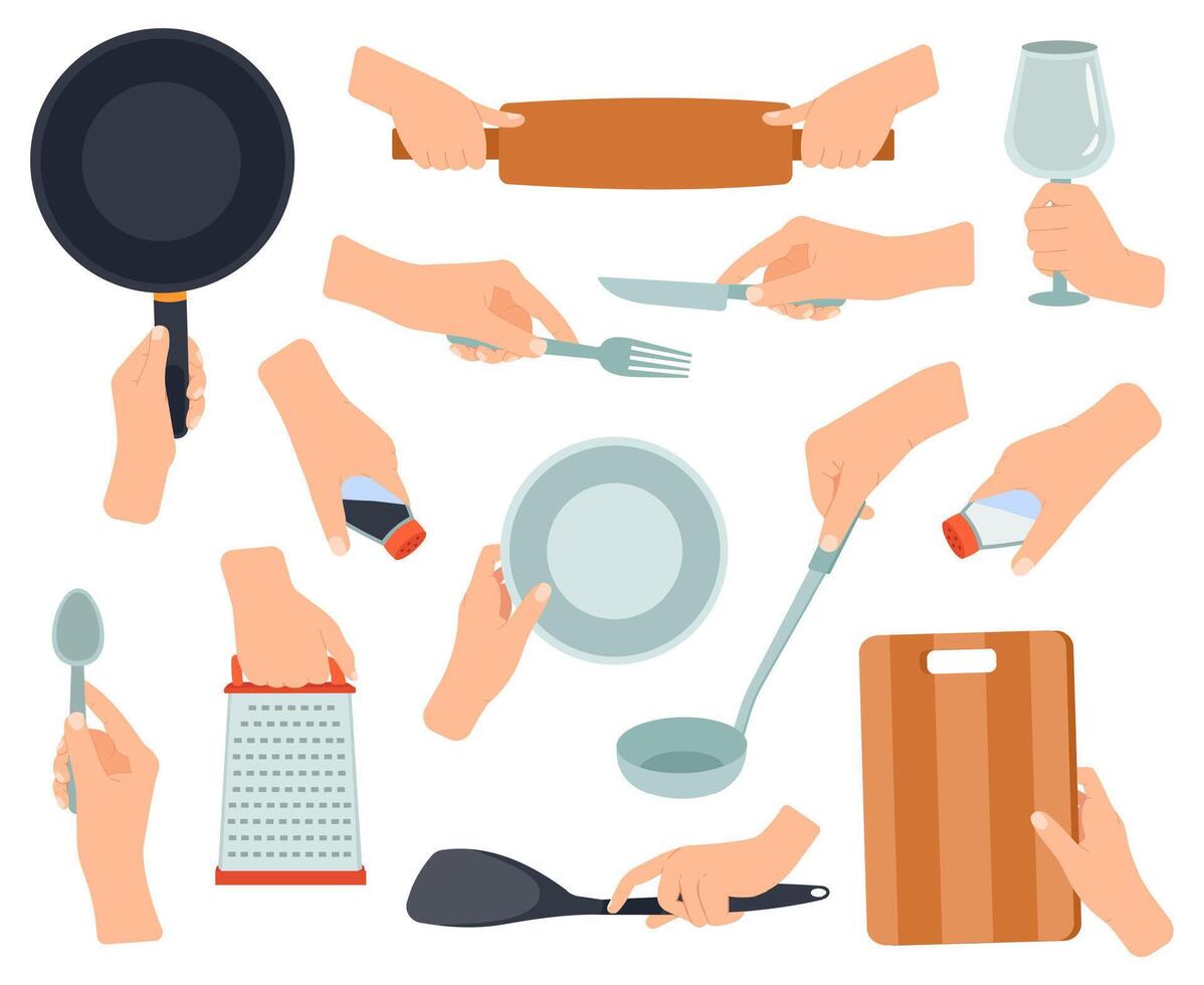 hand- houden keukengerei. Koken items in vrouw handen, frituren pan, roestvrij vork, mes, handen Holding keuken gereedschap vector illustratie reeks