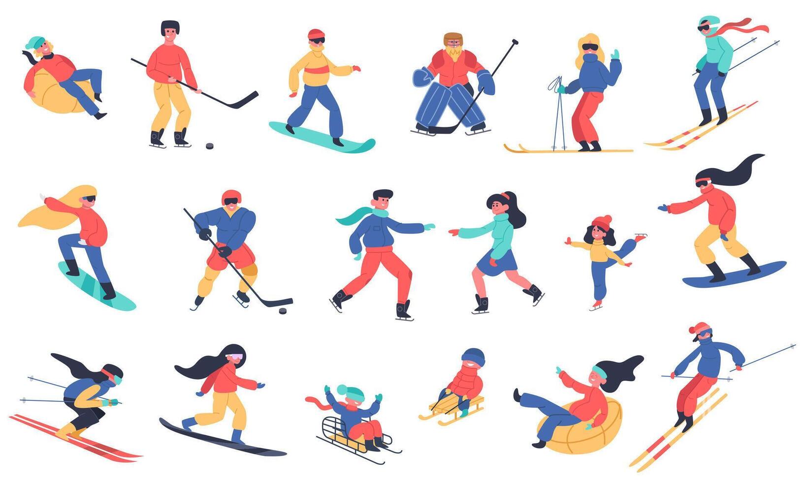 winter sneeuw activiteiten. skiën, snowboarden, hockey en ijs schaatsen, familie vakantie winter activiteiten geïsoleerd vector illustratie pictogrammen reeks