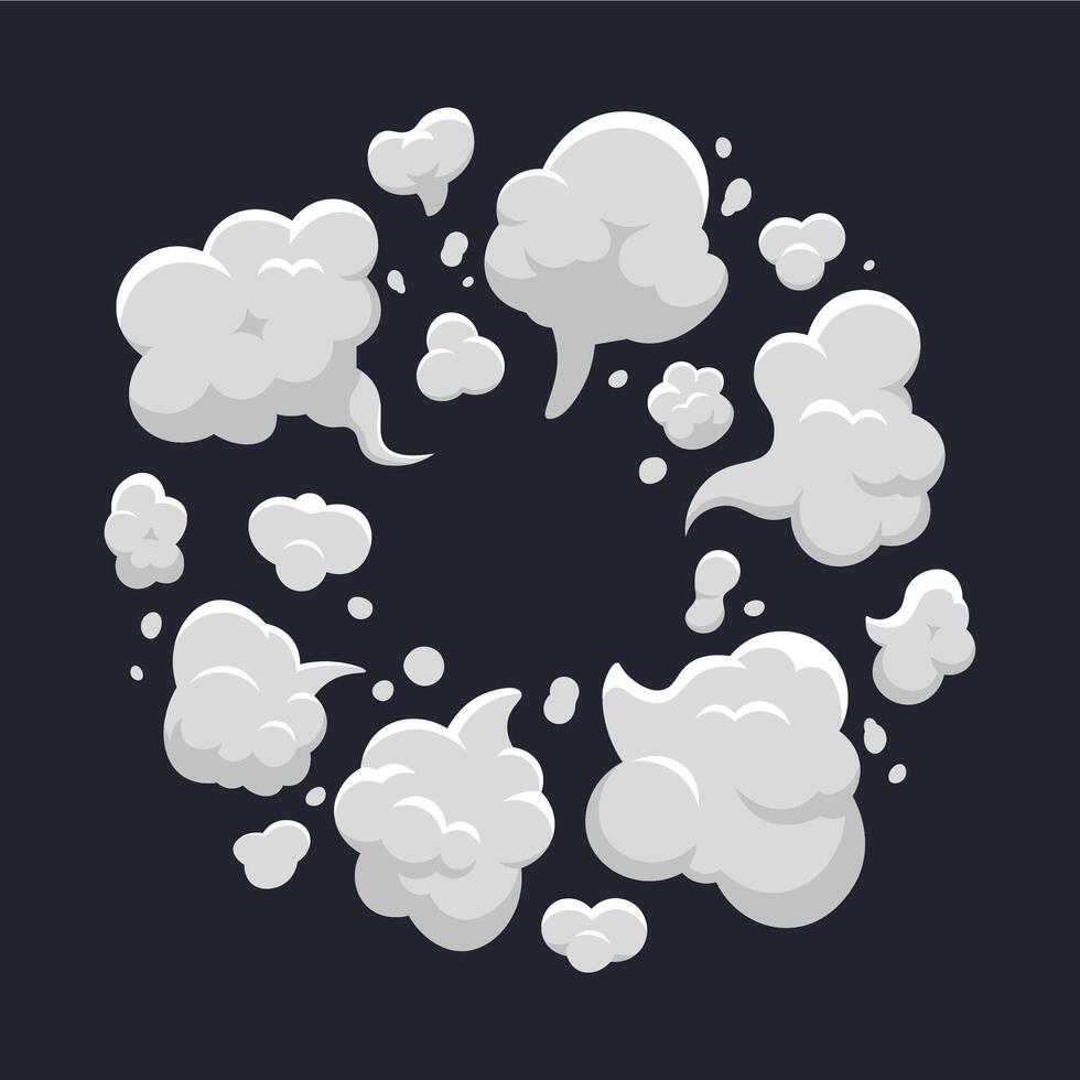 tekenfilm stof wolk. grappig stof wolk explosie, stoom, rook wolk ontploffen. wolk actie element geïsoleerd vector illustratie