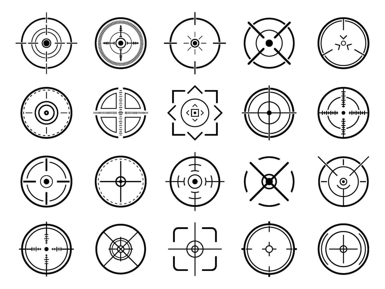 scherpschutter doel wijzer. doelwit navigatie, scherpschutter wapen Mark cursor, verschillend focus leger zicht en gefocust oog het schieten doelen vector symbolen reeks