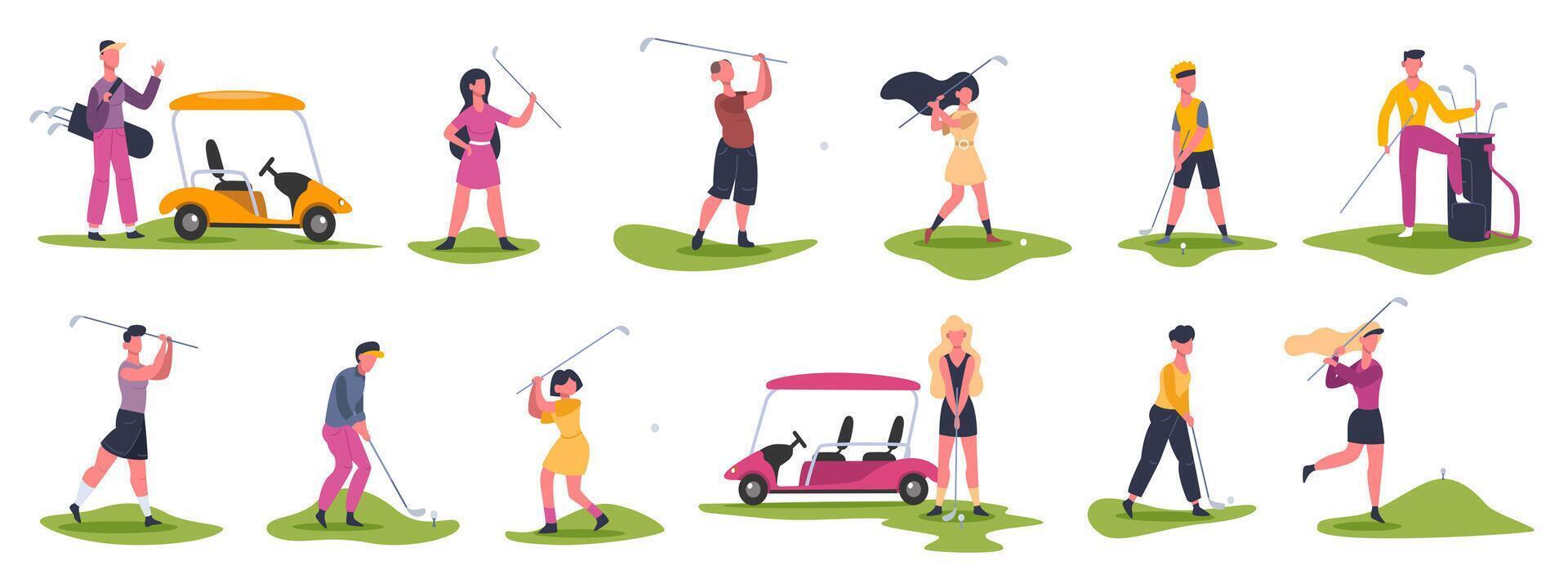 golf mensen scènes. mannetje en vrouw golfers, golf tekens jacht en raken bal, golfers spelen buitenshuis sport- vector illustratie pictogrammen reeks