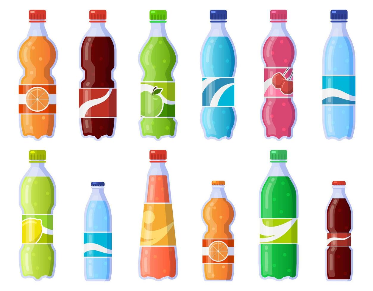 Frisdrank drinken flessen. zacht drankjes in plastic fles, sprankelend Frisdrank en sap drankje. koolzuurhoudend dranken geïsoleerd vector illustratie pictogrammen reeks