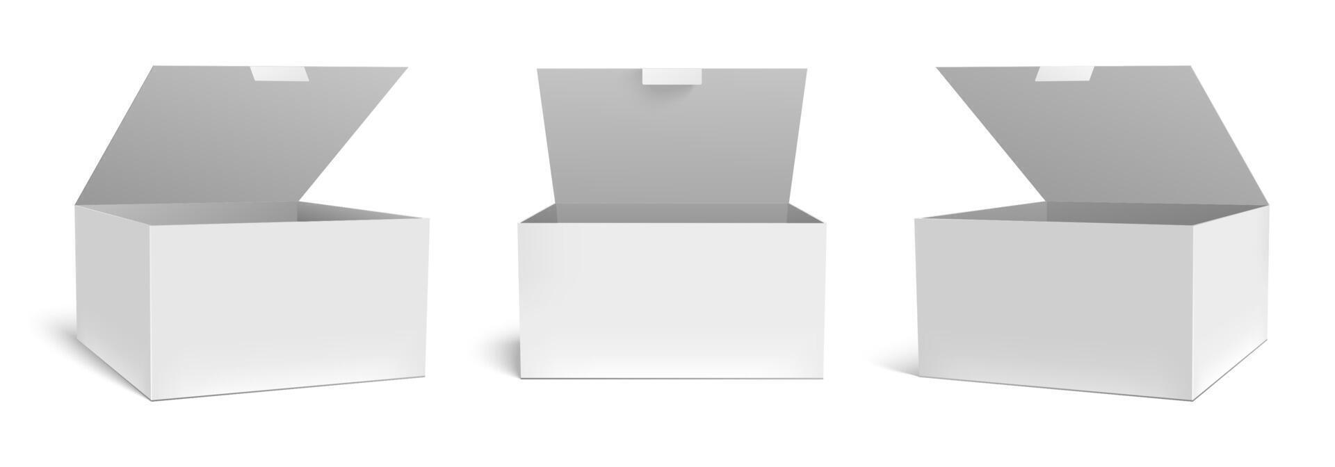 realistisch Open doos model. wit verpakking geschenk dozen, geopend pakket en leeg rechthoekig pakketjes vector sjabloon set. plein karton pakket container, medisch geval karton cliparts verzameling