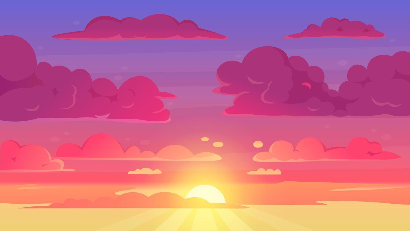 tekenfilm zonsondergang lucht. helling paars en geel lucht wolken landschap, avond zonsondergang hemel panorama vector achtergrond illustratie
