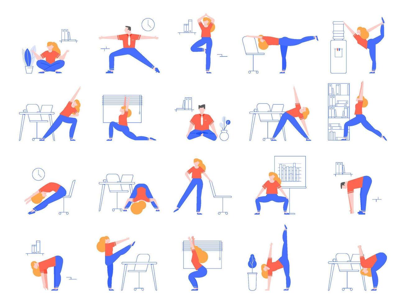 kantoor yoga opdrachten. geschiktheid en yoga training voor kantoor arbeiders, ontspannende en uitrekken in kantoor ruimte vector illustratie set. opwarming omhoog voor bedienden. sport opleiding en asana's Bij werkplaats