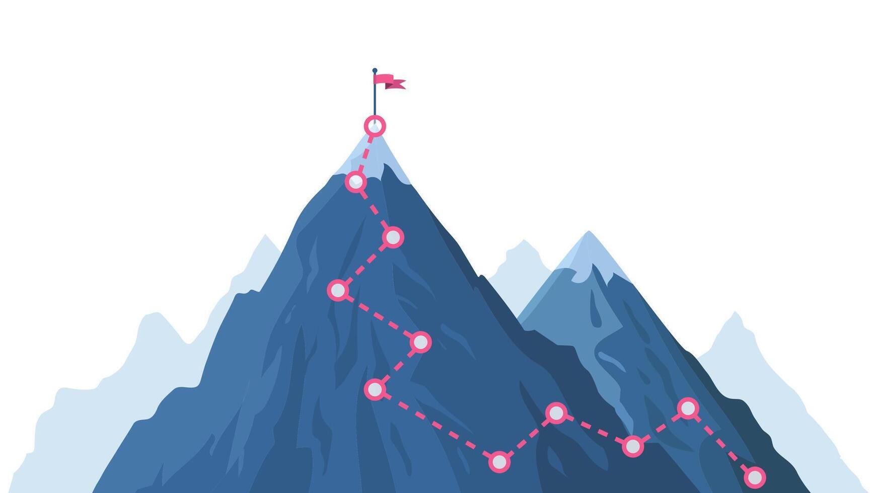 berg progressie pad. beklimming vooruitgang route, berg top overwinnen, berg beklimming pad met rood vlag Aan top vector illustratie