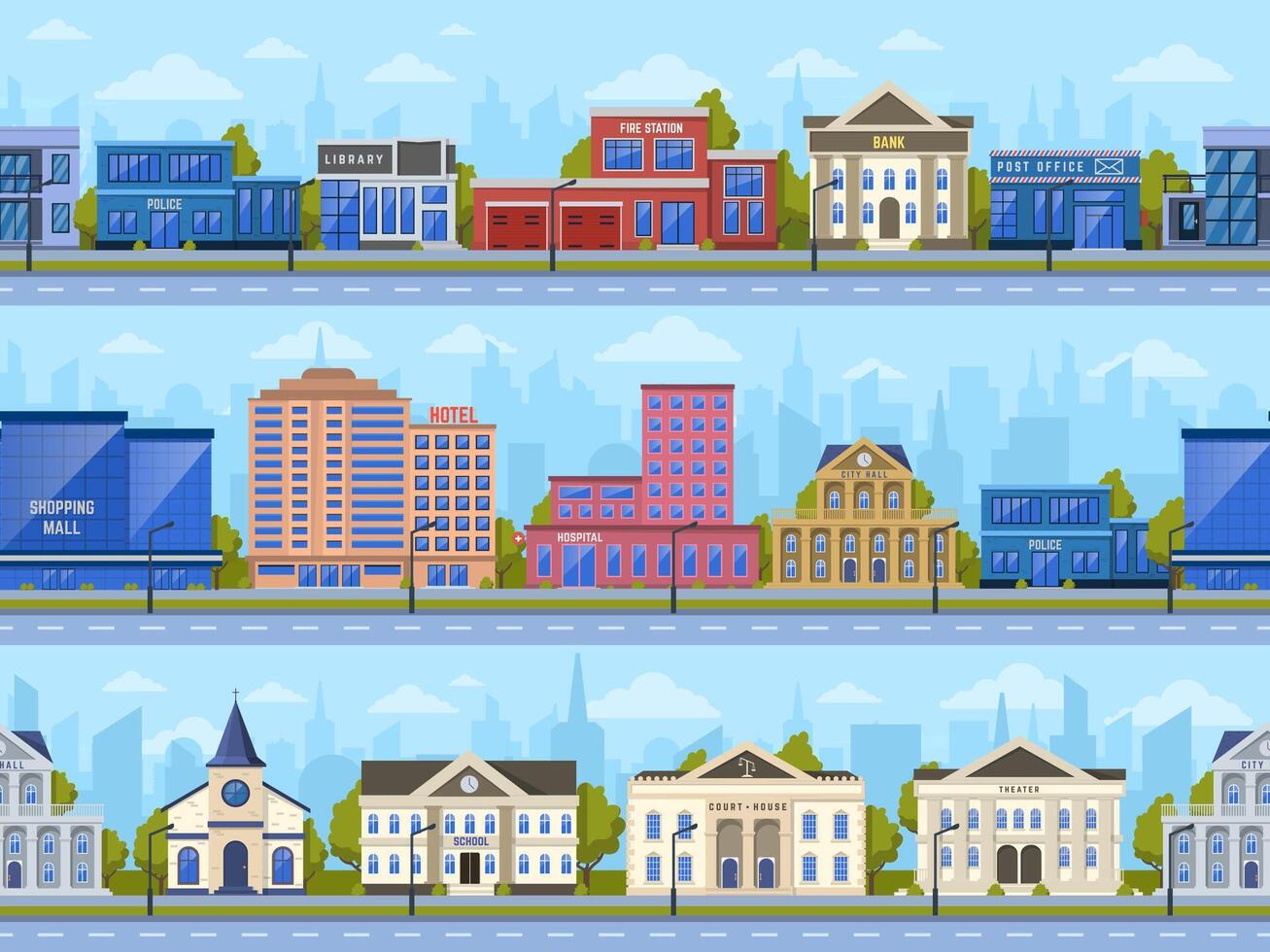 stad straat panorama. stad weg straten stadsgezicht, stad- gebouwen, bank, school- en boodschappen doen winkelcentrum buitenkant vector achtergrond illustratie reeks