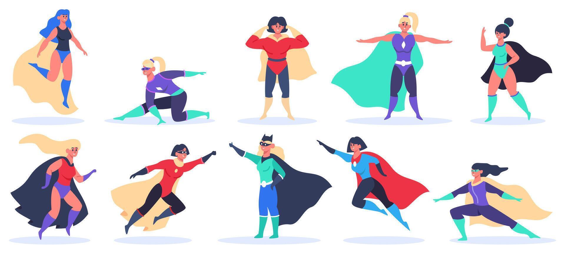 vrouw superhelden. supervrouw krachtig karakters, vliegend super meisjes in supervrouw mantel kostuum, zich afvragen Dames mascottes vector illustratie reeks