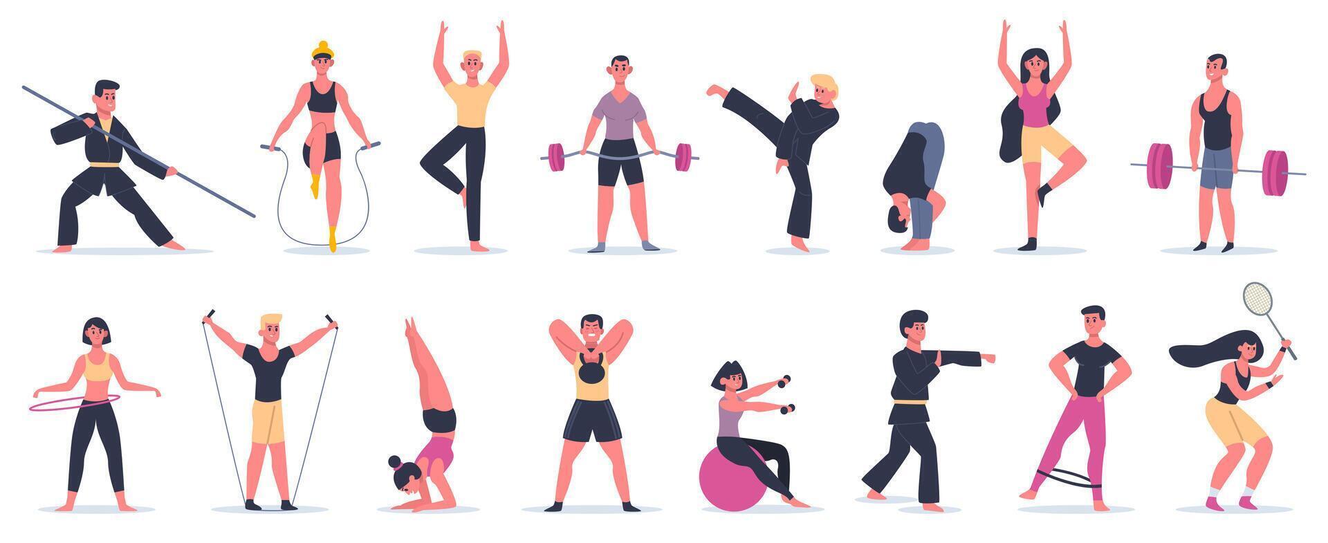 geschiktheid sport activiteiten. mensen werkzaamheid opleiding, mannetje vrouw tekens het uitvoeren van sport, krijgshaftig kunsten en yoga vector illustratie pictogrammen reeks