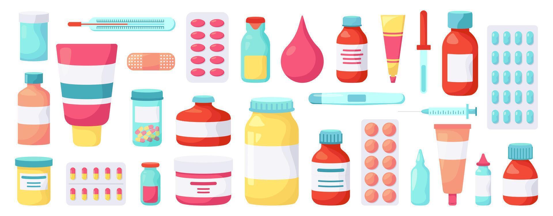 apotheek medicijnen. geneeskunde drugs, farmaceutisch behandeling, vitamines blaar pakken, geneeskunde pillen flessen vector illustratie pictogrammen reeks