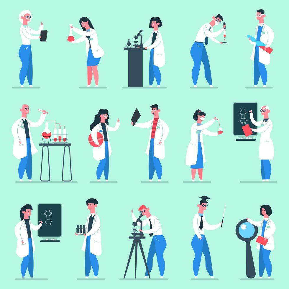 wetenschap karakters. laboratorium mensen, chemisch wetenschapper onderzoekers in laboratorium jassen, chemie kliniek laboratorium arbeiders geïsoleerd vector illustratie reeks