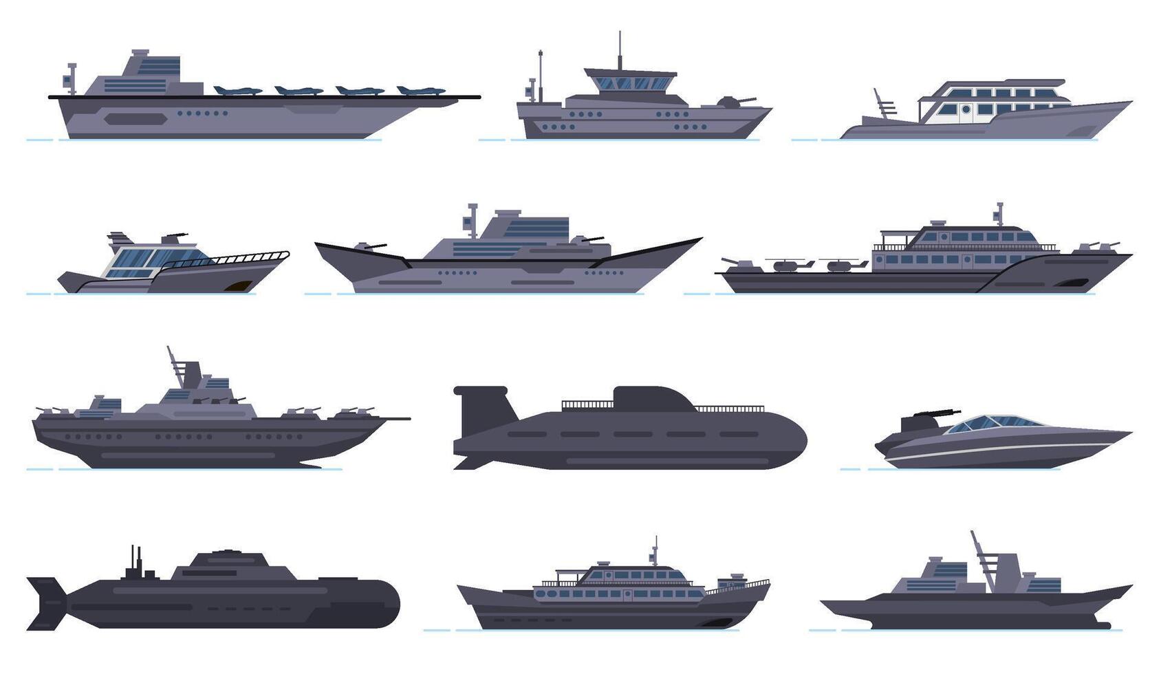 leger schepen. strijd gevecht boten, raket schip, veiligheid boten, modern oorlogsschepen en onderzeeër, leger wapen slagschepen vector pictogrammen reeks