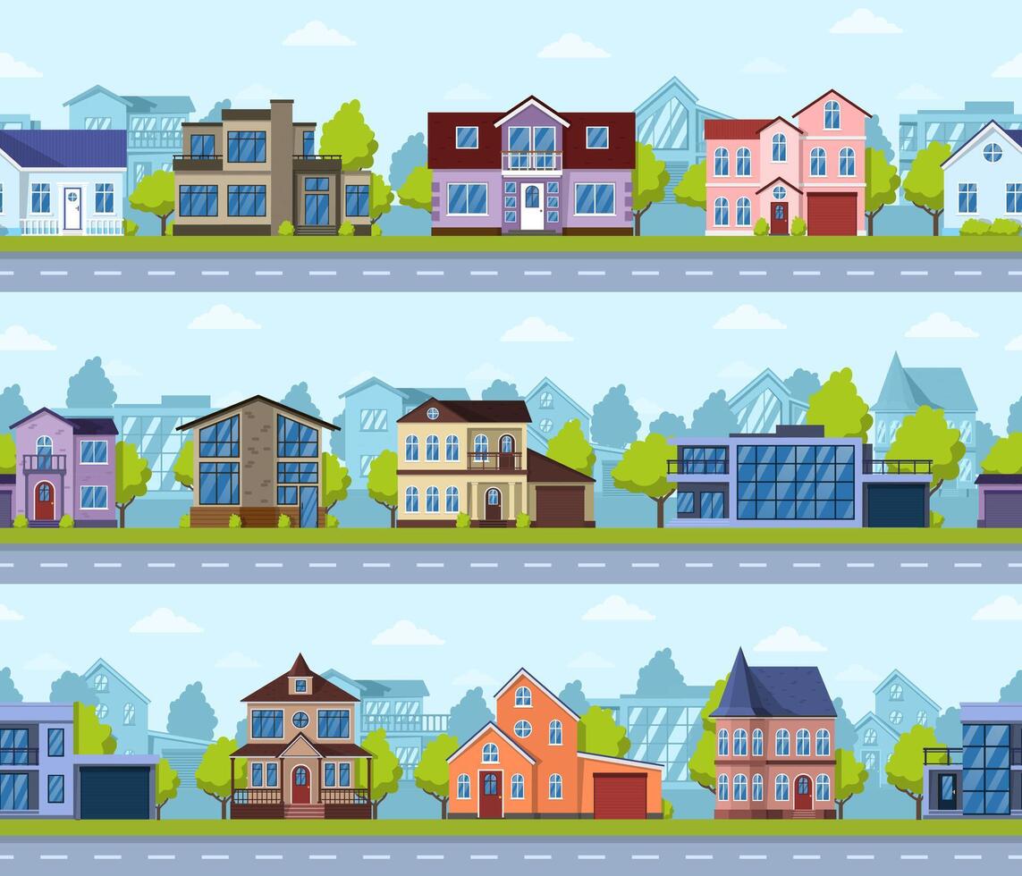 buitenwijk naadloos stadsgezicht. panoramisch straat huis buitenkant, modern echt landgoed. leven huizen panorama tafereel vector naadloos illustratie reeks