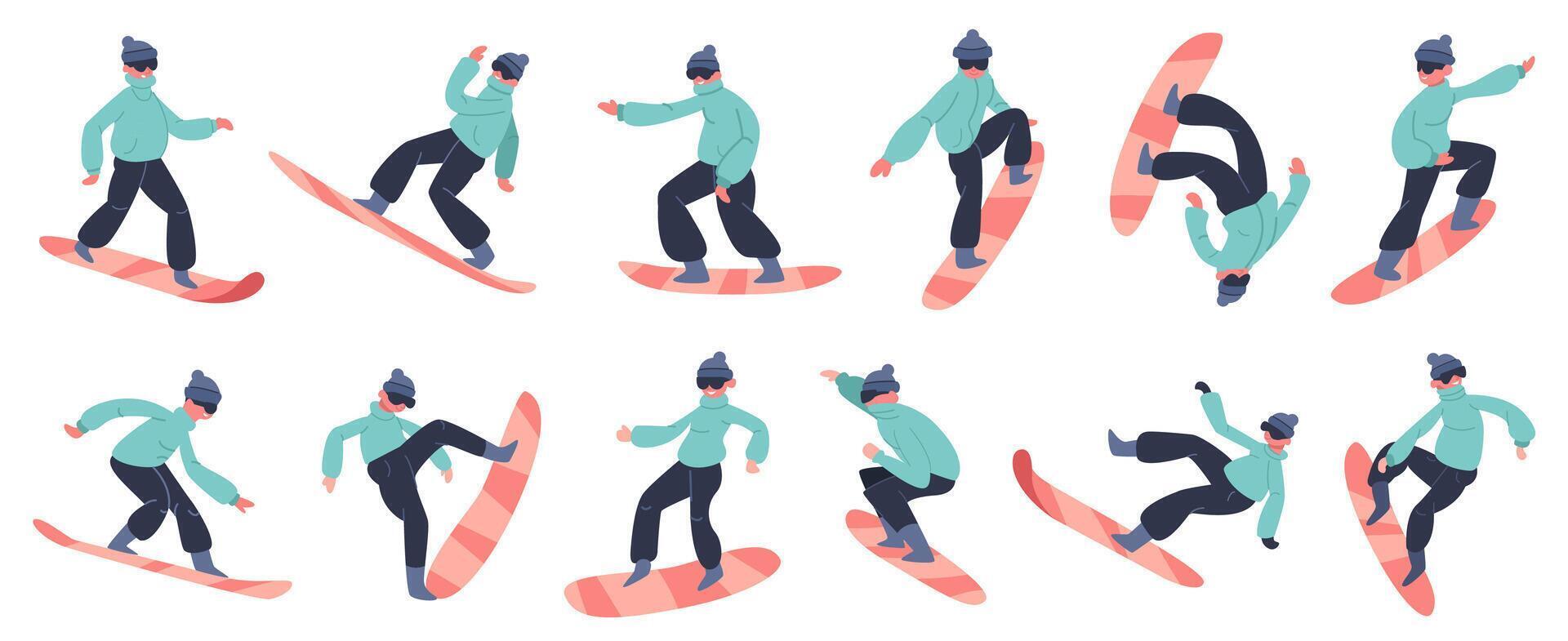 snowboard karakter. jong mannetje snowboarder springen Aan berg, winter extreem sneeuw werkzaamheid, geschiktheid snowboard rijder vector illustratie pictogrammen reeks