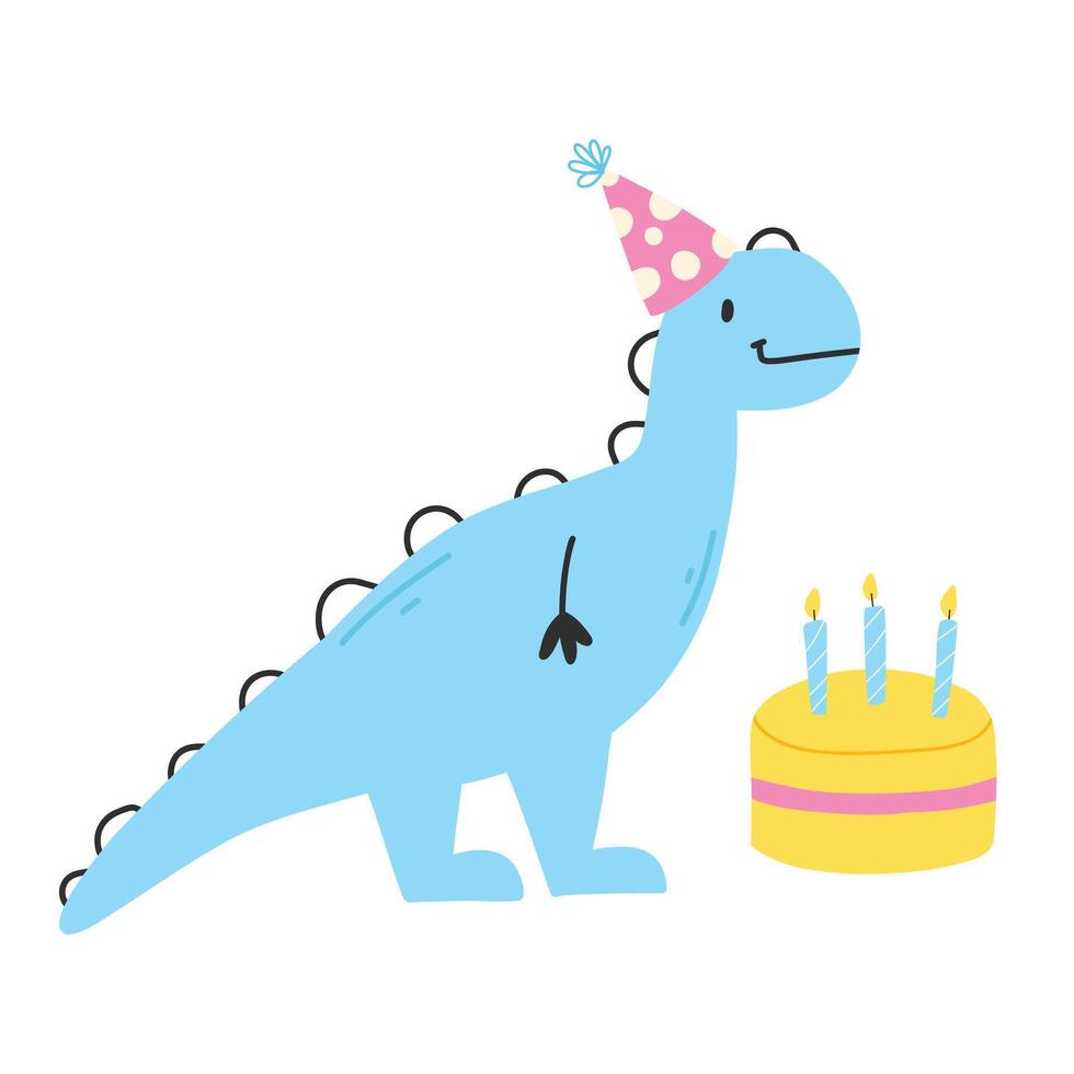 gelukkig verjaardag kaart met dinosaurus. schattig illustratie met dino en taart. vector illustratie geïsoleerd Aan wit achtergrond.