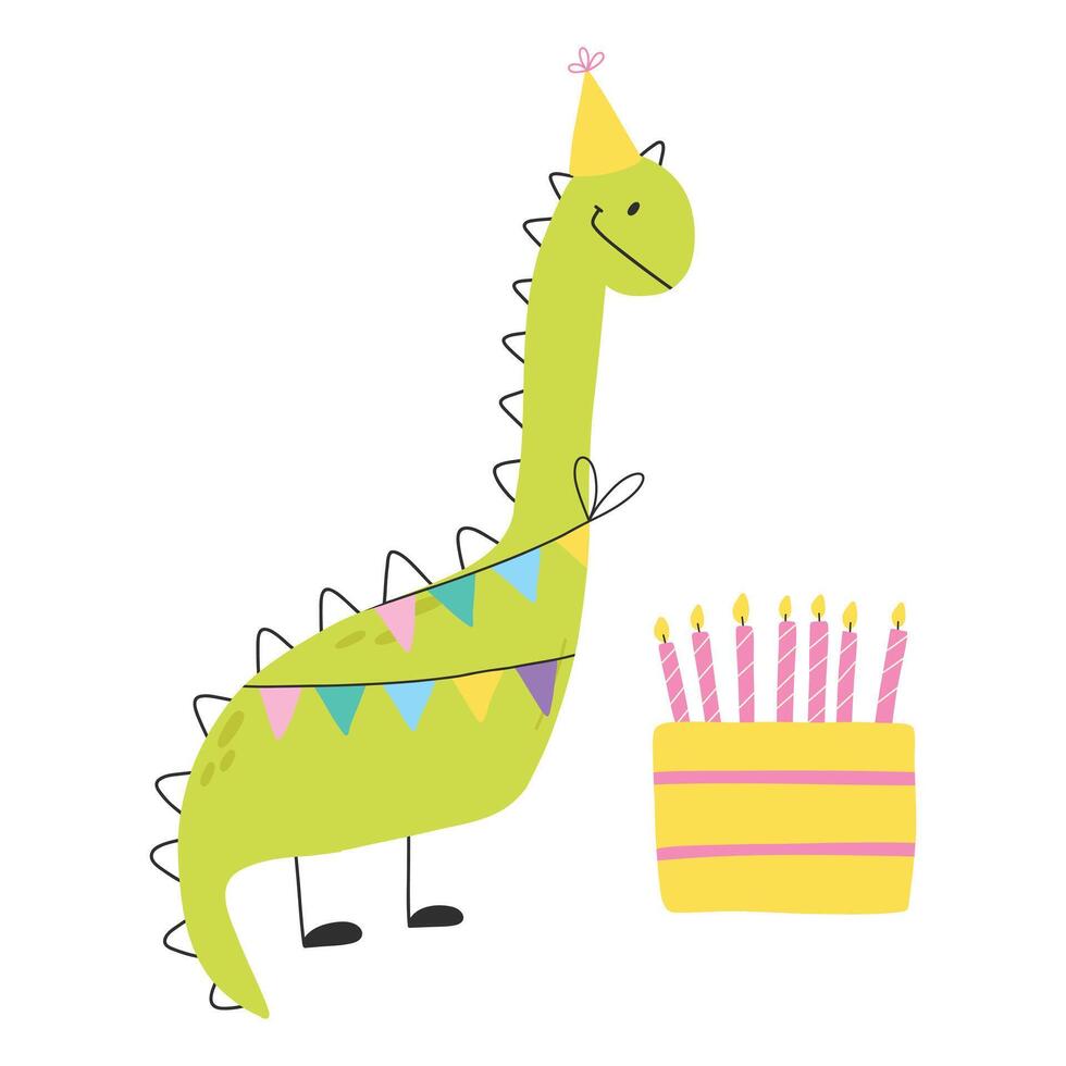 gelukkig verjaardag kaart met dinosaurus. schattig illustratie met dino en taart. vector illustratie geïsoleerd Aan wit achtergrond.