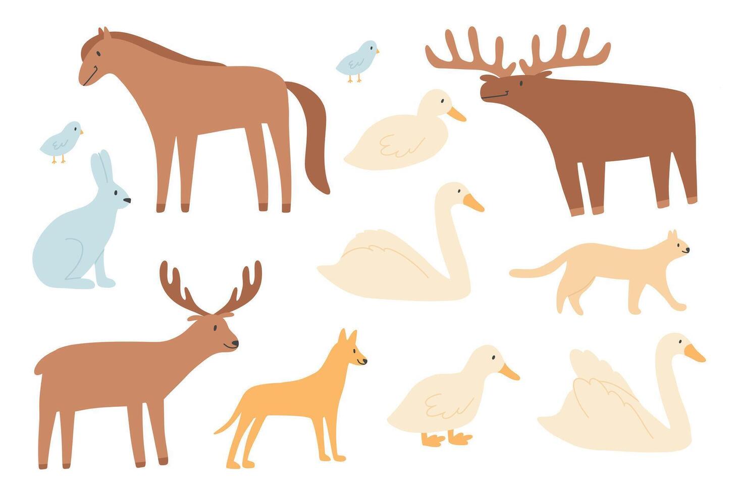 een reeks van dieren dat kan worden gevonden Aan de straat. verzameling van hert, eland, haas, kat, hond, zwaan. vector hand- getrokken illustratie.