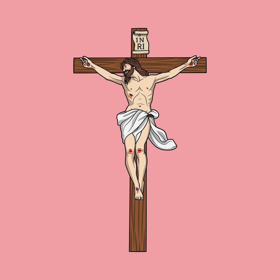 Jezus Christus gekruisigd dood aan het kruis gekleurde vectorillustratie vector