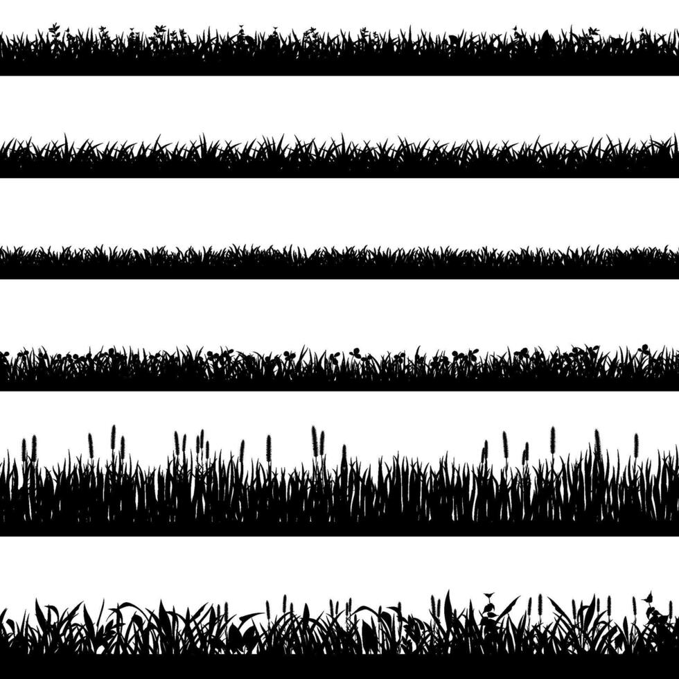 gras grens silhouetten. zwart gras silhouetten, natuurlijk milieu kruid grenzen, gras panorama. landschap gazon elementen geïsoleerd symbolen reeks vector