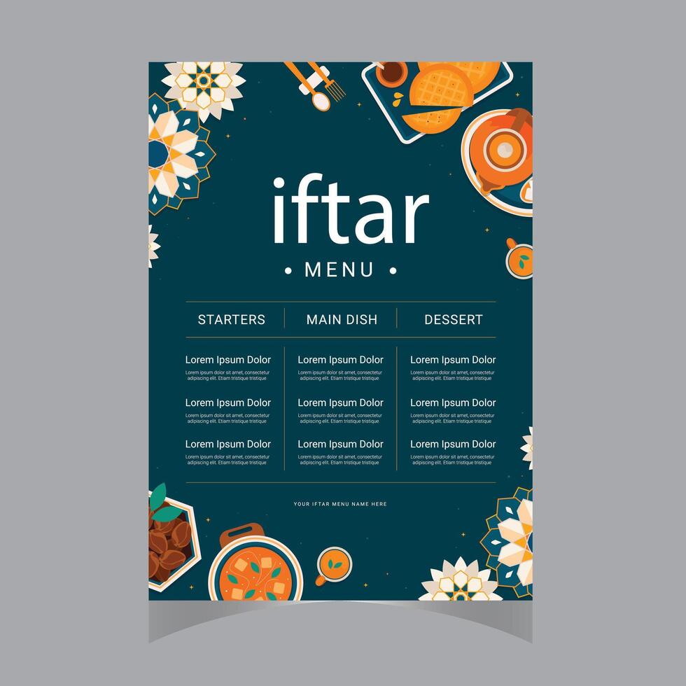 vector vlak iftar verticaal menu sjabloon Ramadan menu sjabloon in blauw Islamitisch achtergrond ontwerp. ook mooi zo sjabloon voor restaurant menu ontwerp.