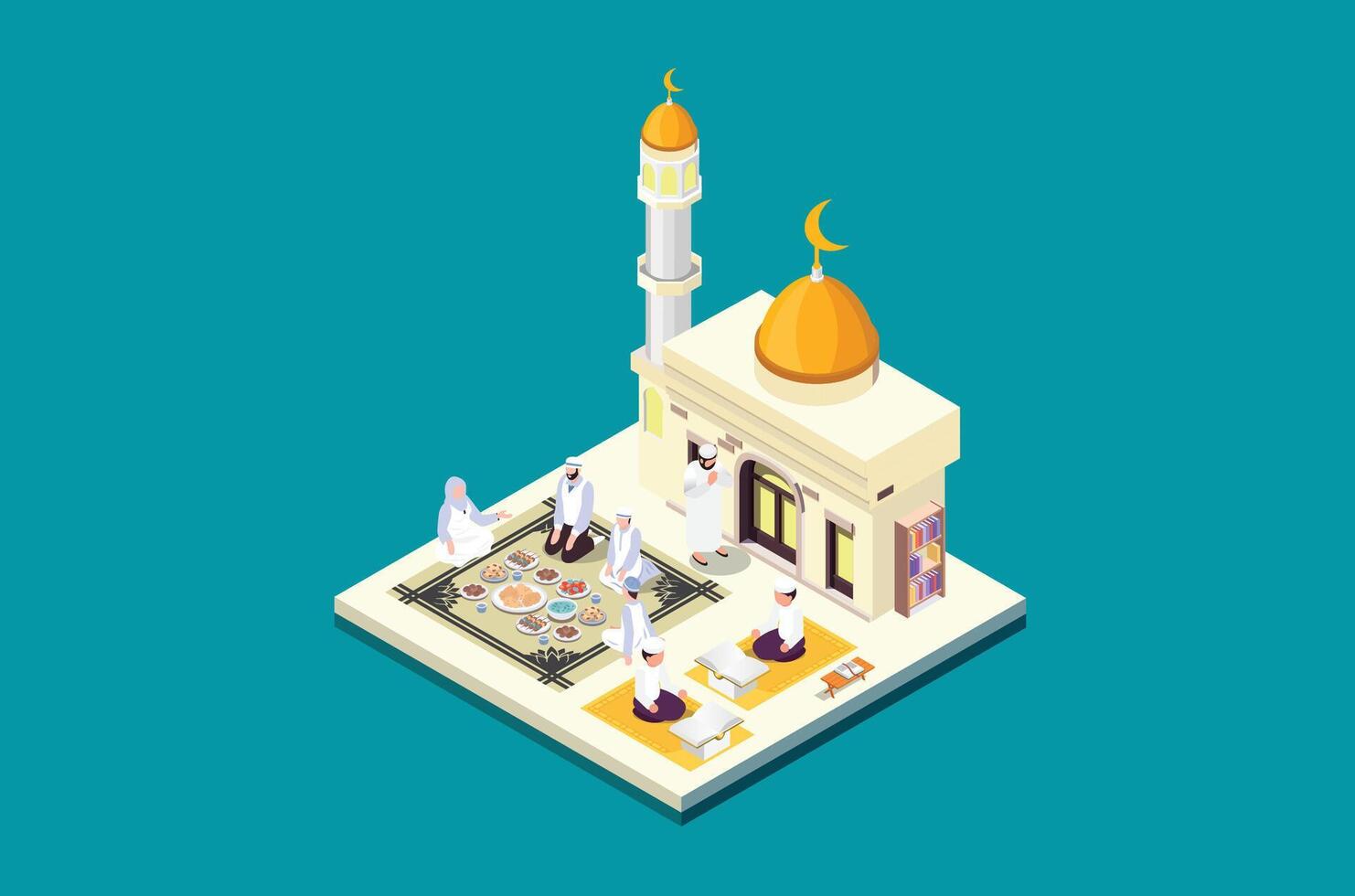 isometrische illustratie Ramadan kareem aan het eten met familie vector