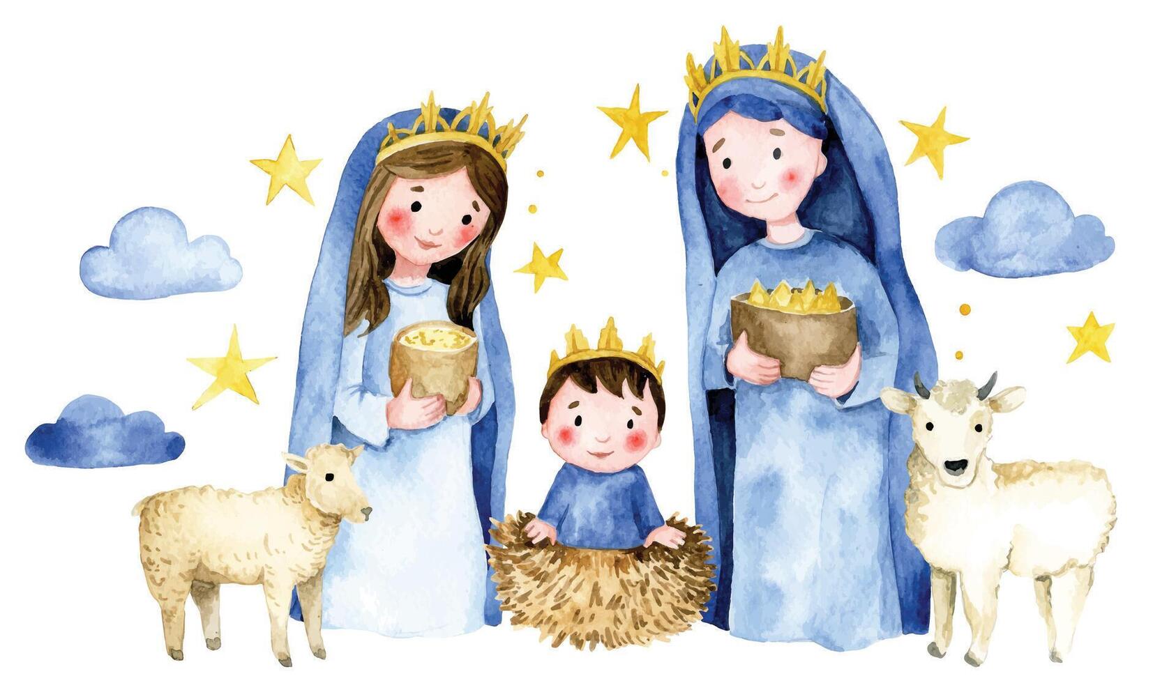 tafereel van de geboorte van Jezus Christus. kribbe en wijs Heren, Kerstmis illustratie voor kinderen. waterverf tekening vector