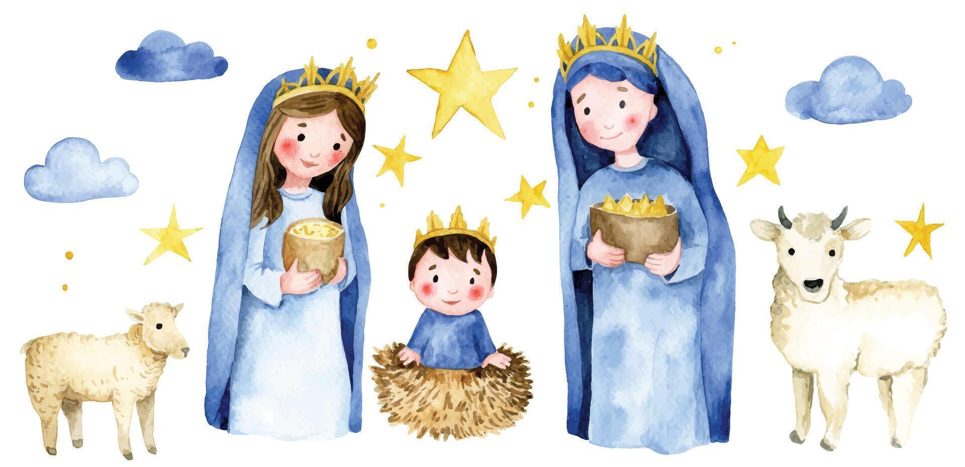 waterverf reeks van Jezus Christus in de kribbe en de wijs Heren, Kerstmis illustratie voor kinderen. waterverf tekening vector