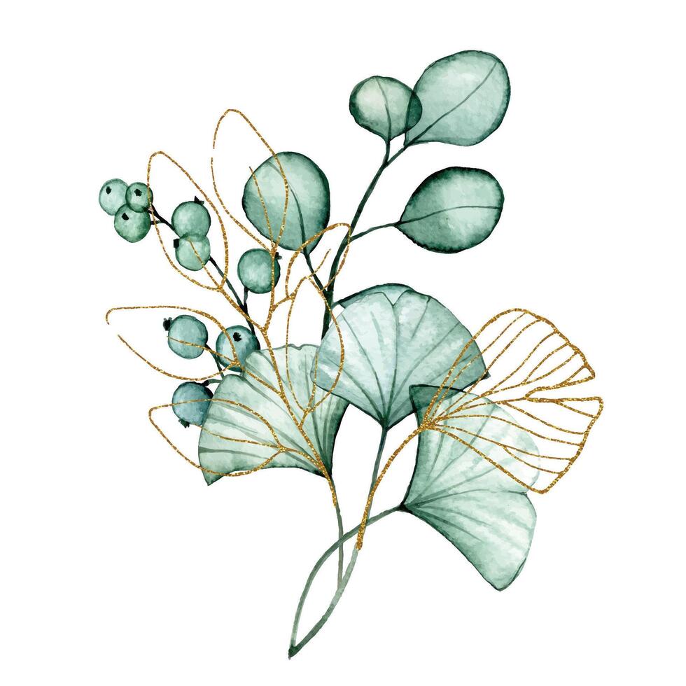 boeket van transparant eucalyptus en ginkgo bladeren en goud elementen. waterverf tekening vector
