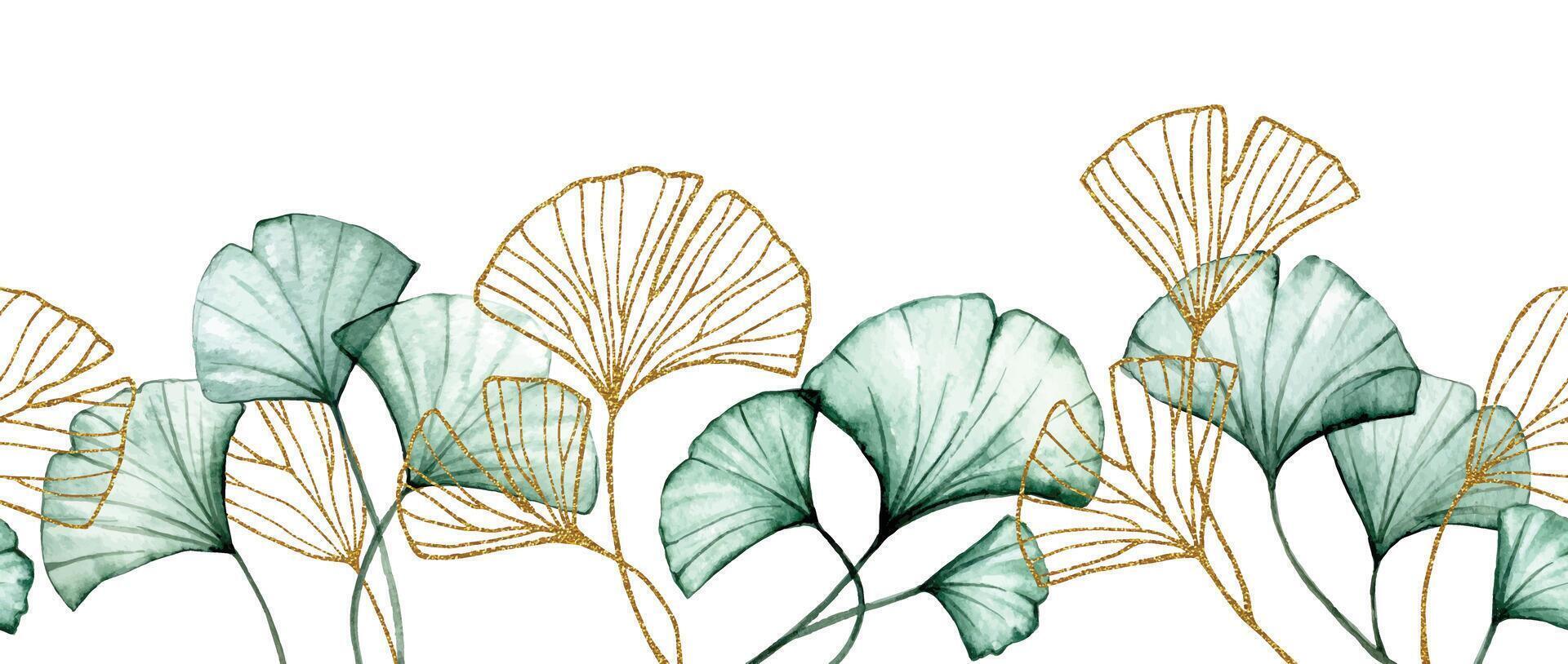 waterverf naadloos grens met transparant ginkgo bladeren en gouden bladeren. kader vector