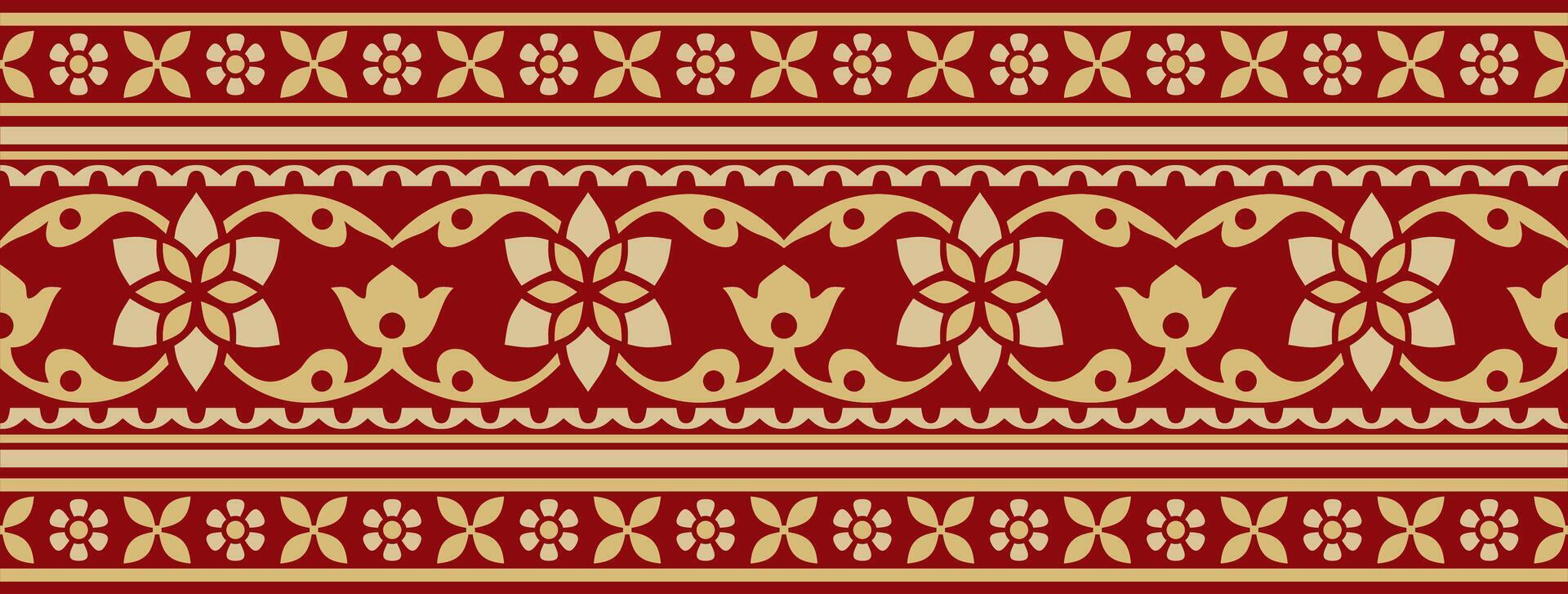 vector naadloos goud en rood Indisch nationaal ornament. etnisch eindeloos fabriek grens. bloemen kader. klaprozen en bladeren