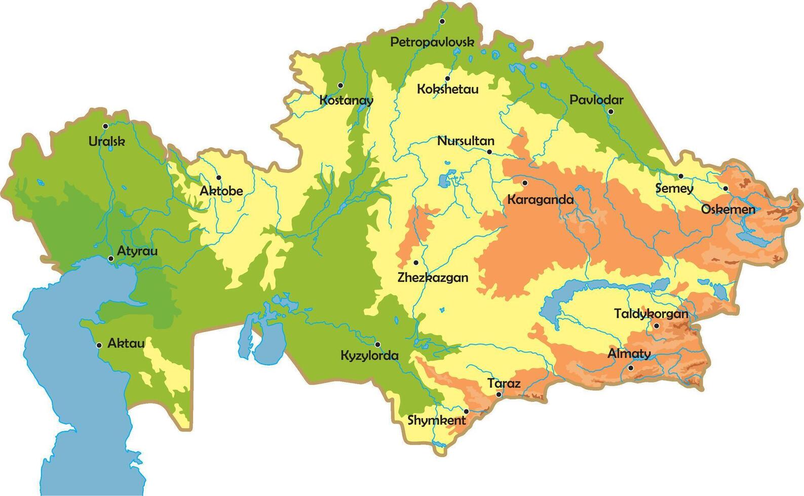 vector fysiek kaart van Kazachstan. staat in centraal Azië, gebied met bergen, rivieren, steppen en valleien. Kaspische zee.