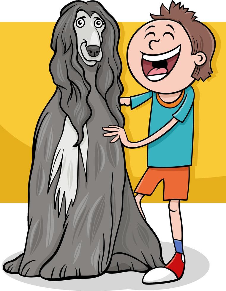 tekenfilm jongen karakter met zijn afghaan hond hond vector