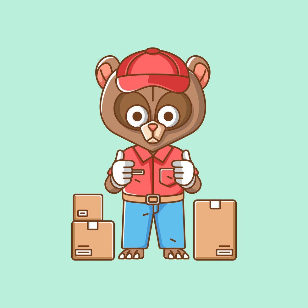 schattig beer koerier pakket levering dier chibi karakter mascotte icoon vlak lijn kunst stijl illustratie concept tekenfilm vector