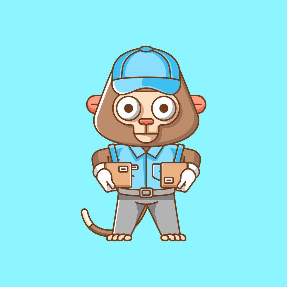 schattig aap koerier pakket levering dier chibi karakter mascotte icoon vlak lijn kunst stijl illustratie concept tekenfilm vector