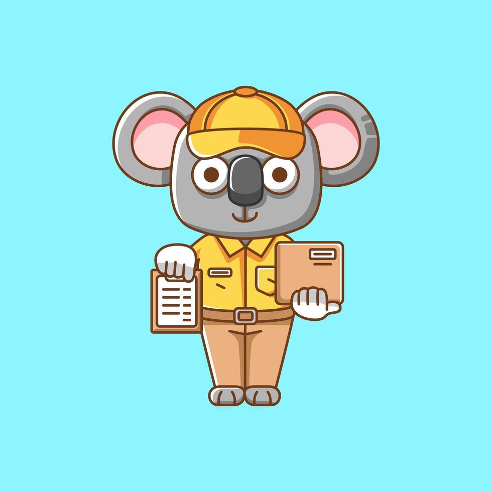 schattig koala koerier pakket levering dier chibi karakter mascotte icoon vlak lijn kunst stijl illustratie concept tekenfilm vector