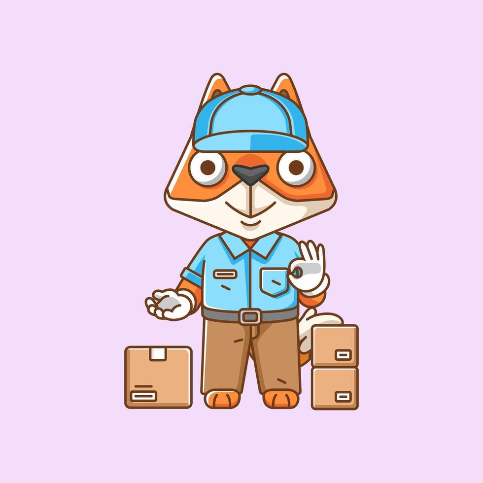 schattig vos koerier pakket levering dier chibi karakter mascotte icoon vlak lijn kunst stijl illustratie concept vector