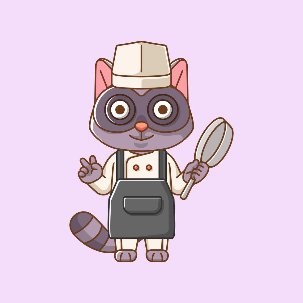 schattig wasbeer chef koken dienen voedsel dier chibi karakter mascotte icoon vlak lijn kunst stijl illustratie concept tekenfilm vector