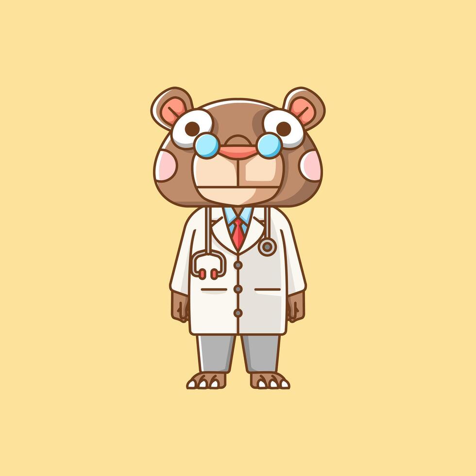 schattig beer dokter medisch personeel chibi karakter mascotte icoon vlak lijn kunst stijl illustratie concept tekenfilm 0 vector